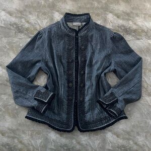 Chico’s Platinum Embellished Velvet Detail Dark Blue Denim Jacket
